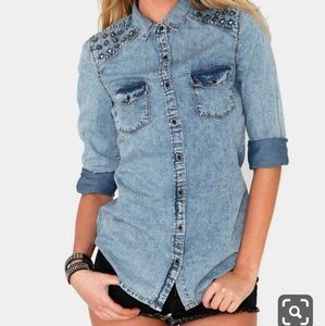 a.n.a | Studded Shoulder Embellished Chambray top